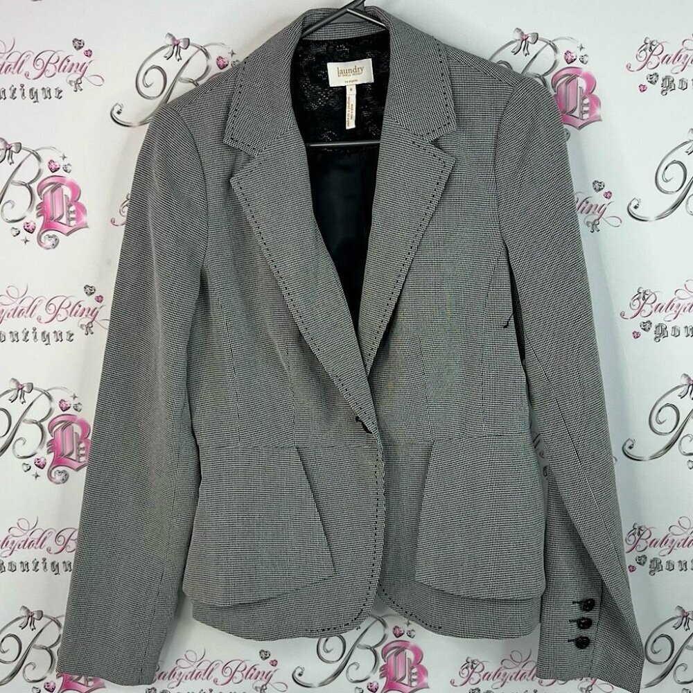 Laundry By Shelli Segal blazer houndstooth button up ruffle Women's Gray Blazer